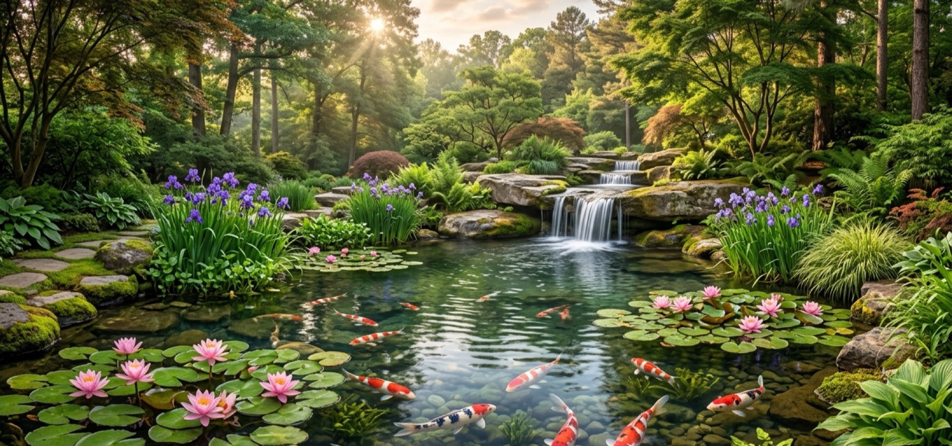 Natural Rock Edging, Waterfall Cascade and Pond Water Garden